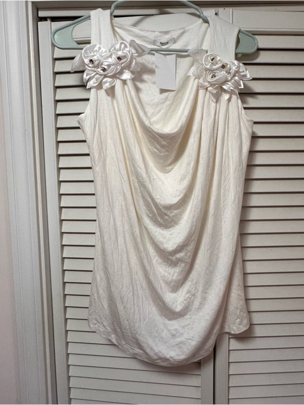 Draped White Camisole with Satin Rosette Shoulder Detail